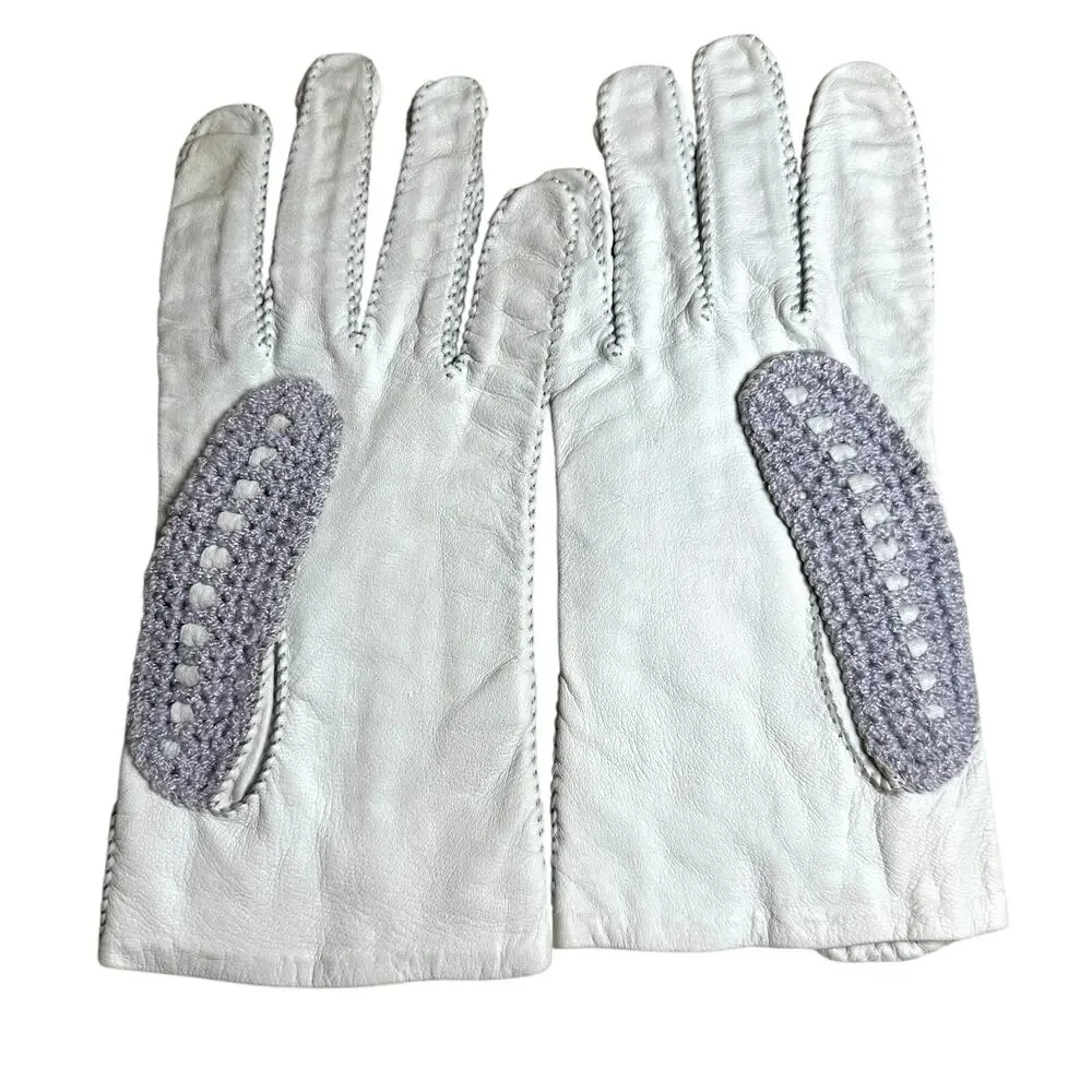 Vintage Light Gray Leather & Gray Lavender Crochet Driving Gloves Size 7.5